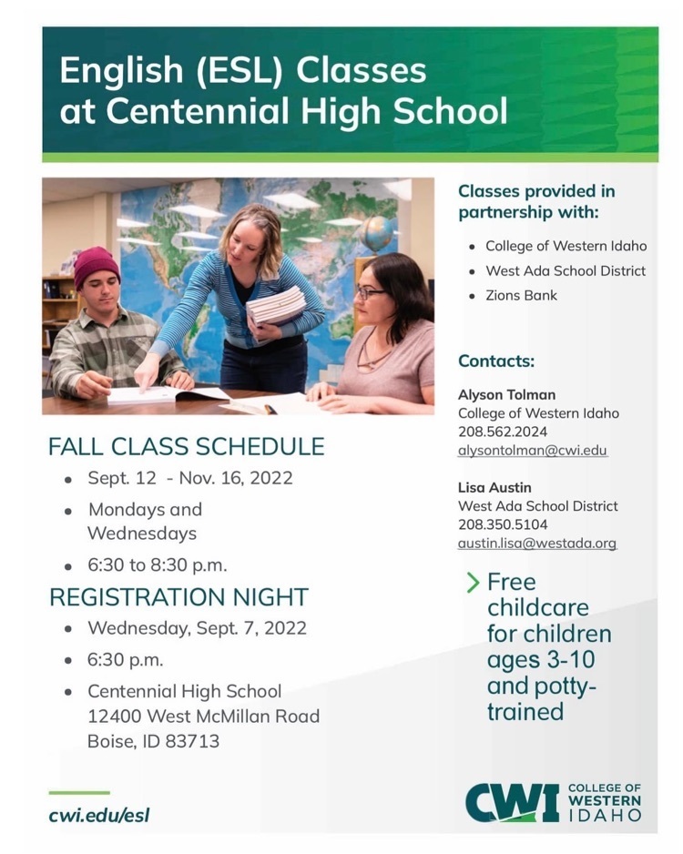 FREE English class are Centennial High School!!!  Childcare provided for children ages 3-10 and potty-trained.
