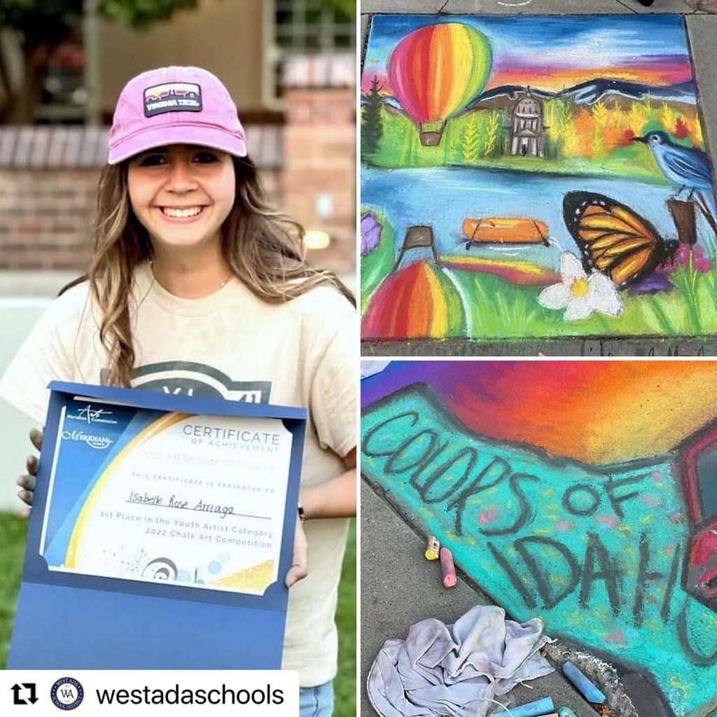 Isabelle Arriaga holding her first place certificate. Photos of chalk art.